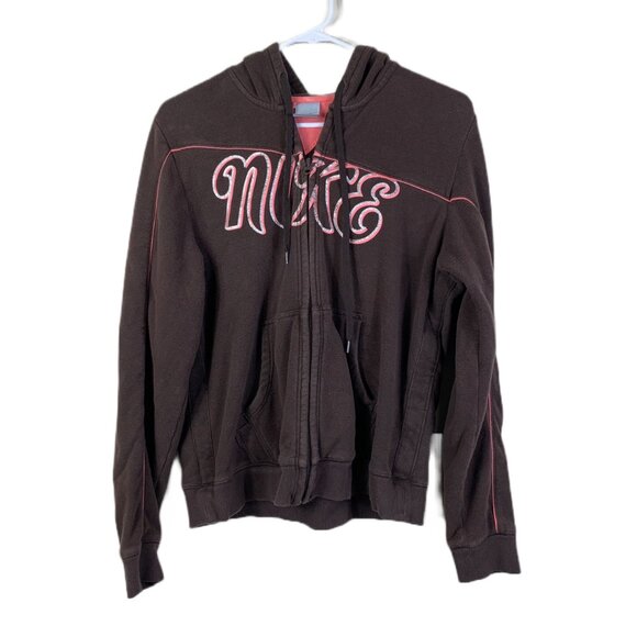 VTG Nike Girl’s Brown and Pink Hooded Full Zip Spellout Sporty Jacket Sz XL - Picture 1 of 8